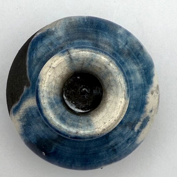 Raku Studio Art Ceramic Pottery Vase Signed With Cork Stopper Blue White 3.5 in - Picture 9 of 10